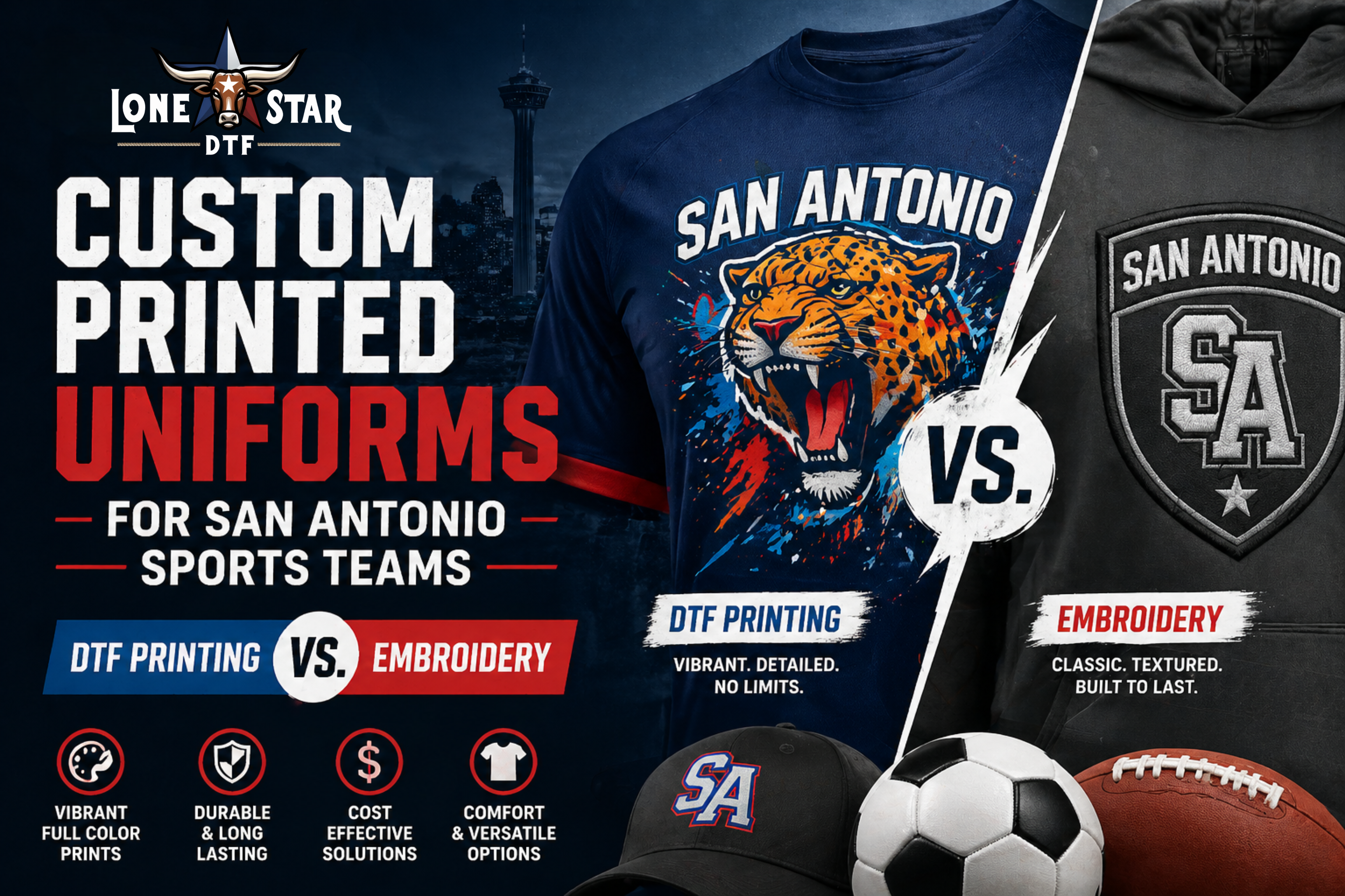 Custom Printed Uniforms for San Antonio Sports Teams — DTF vs. Embroidery