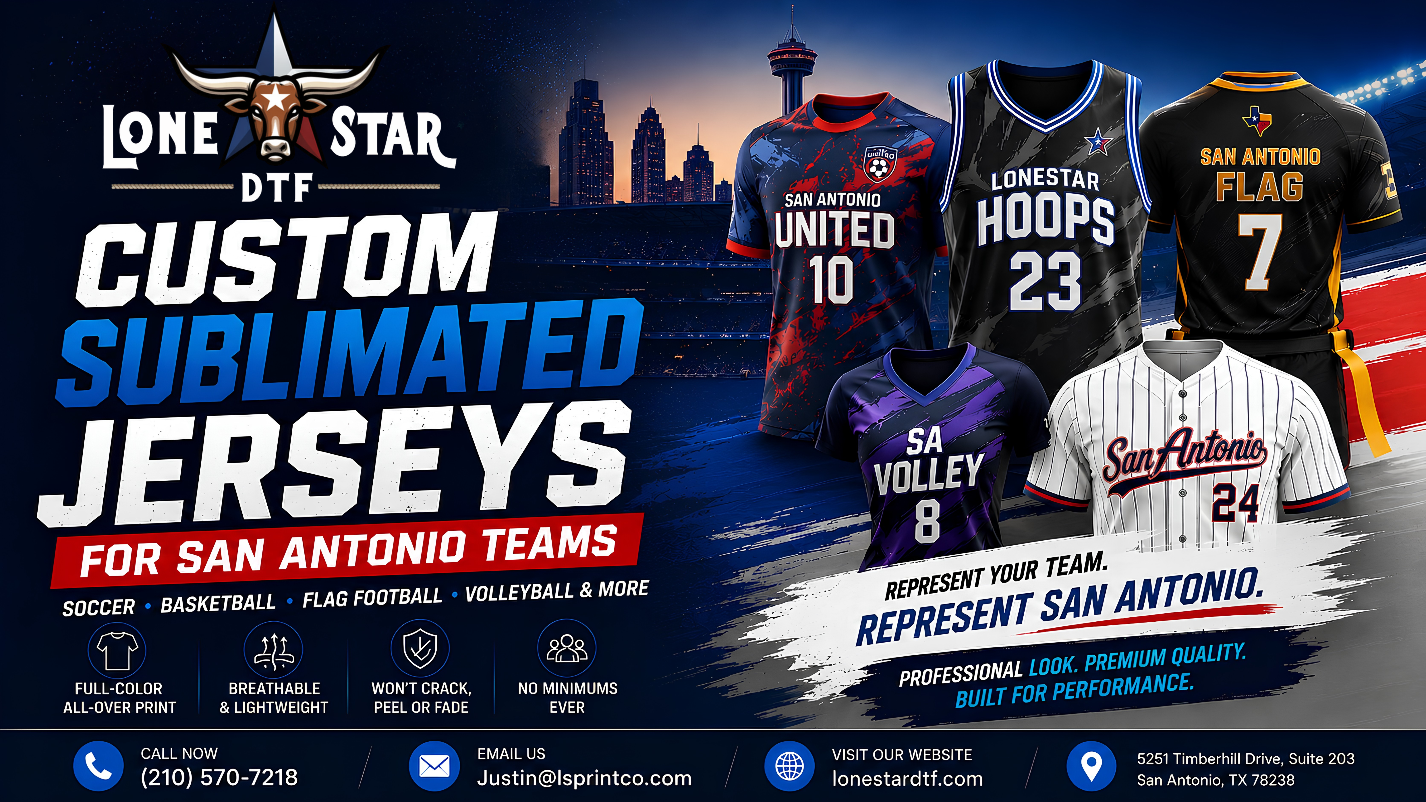 Custom Sublimated Jerseys for San Antonio Soccer, Basketball & Flag Football Leagues