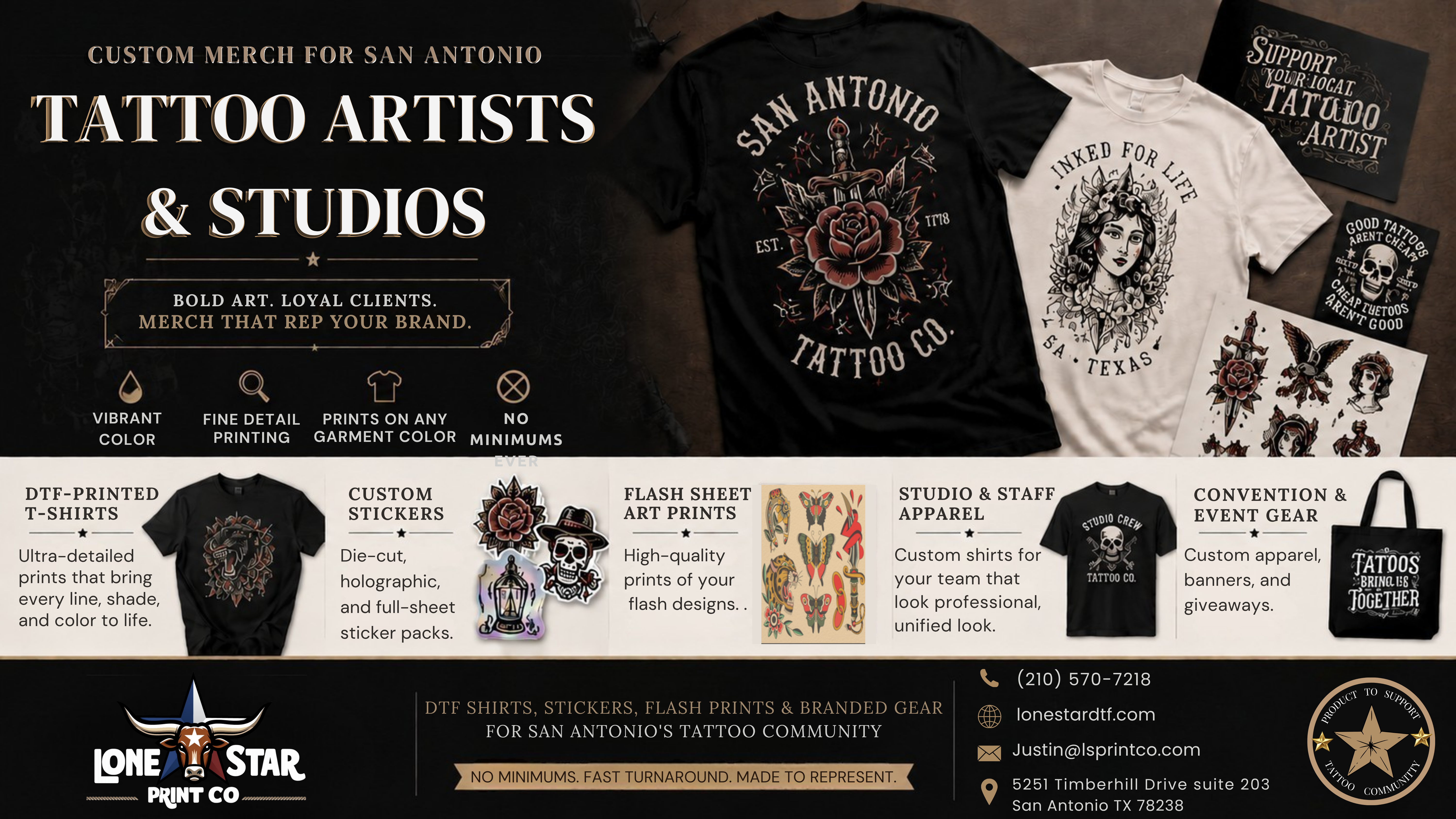 Custom Merch for San Antonio Tattoo Artists & Studios — DTF Shirts, Stickers & Branded Gear