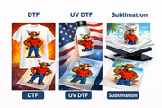 Comparison of DTF, UV DTF, and Sublimation printing methods on various products with a cartoon bull character.