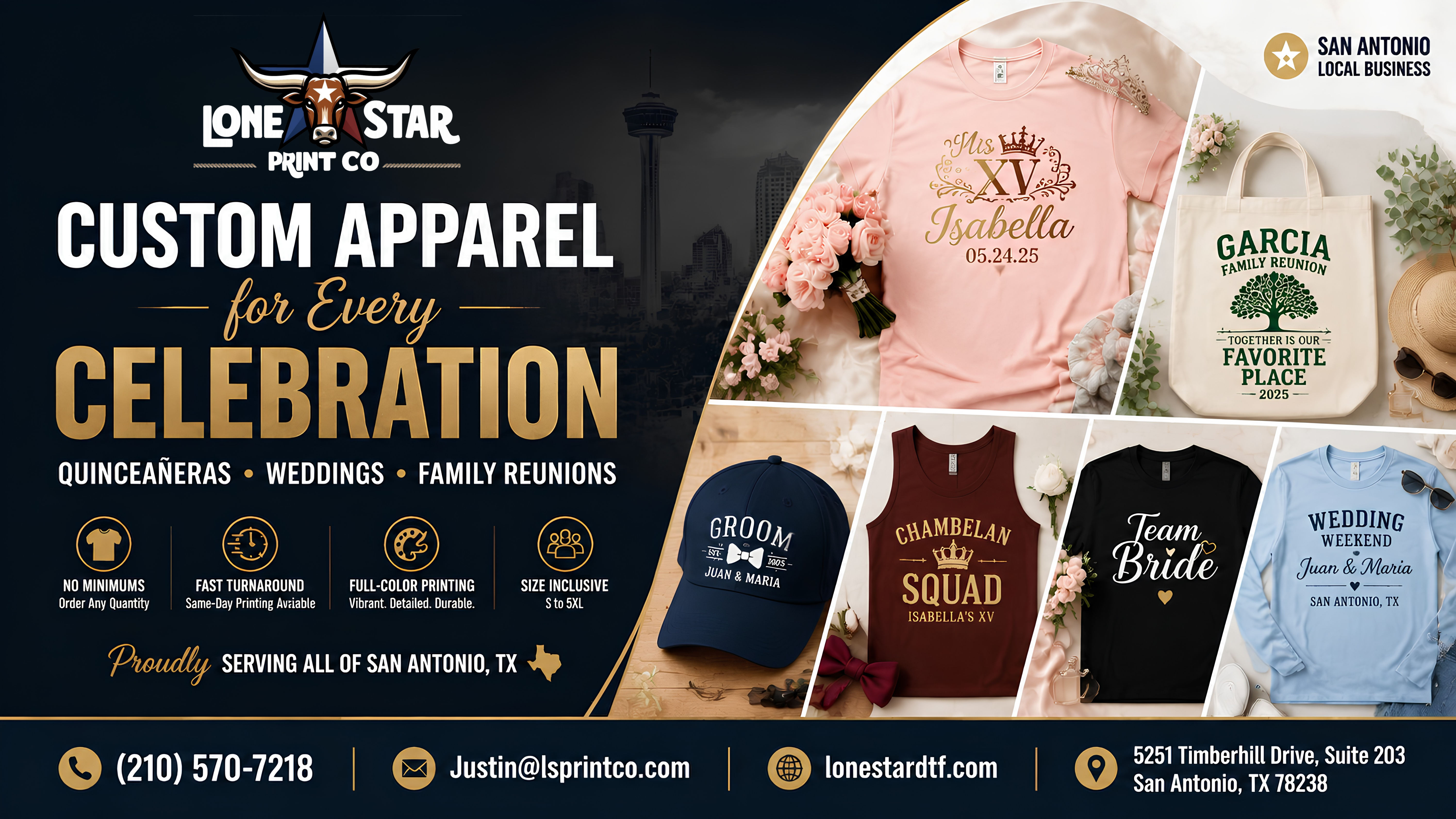 Custom Apparel for San Antonio Quinceañeras,  Weddings & Family Reunions